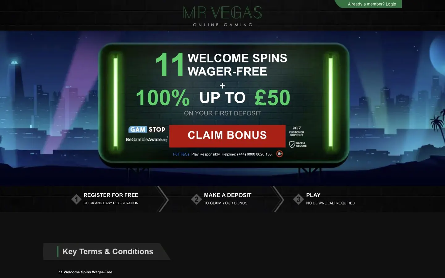 Mr Vegas brittiska startsida i juli 2026 med grön kampanjskylt, pund och Gamstop