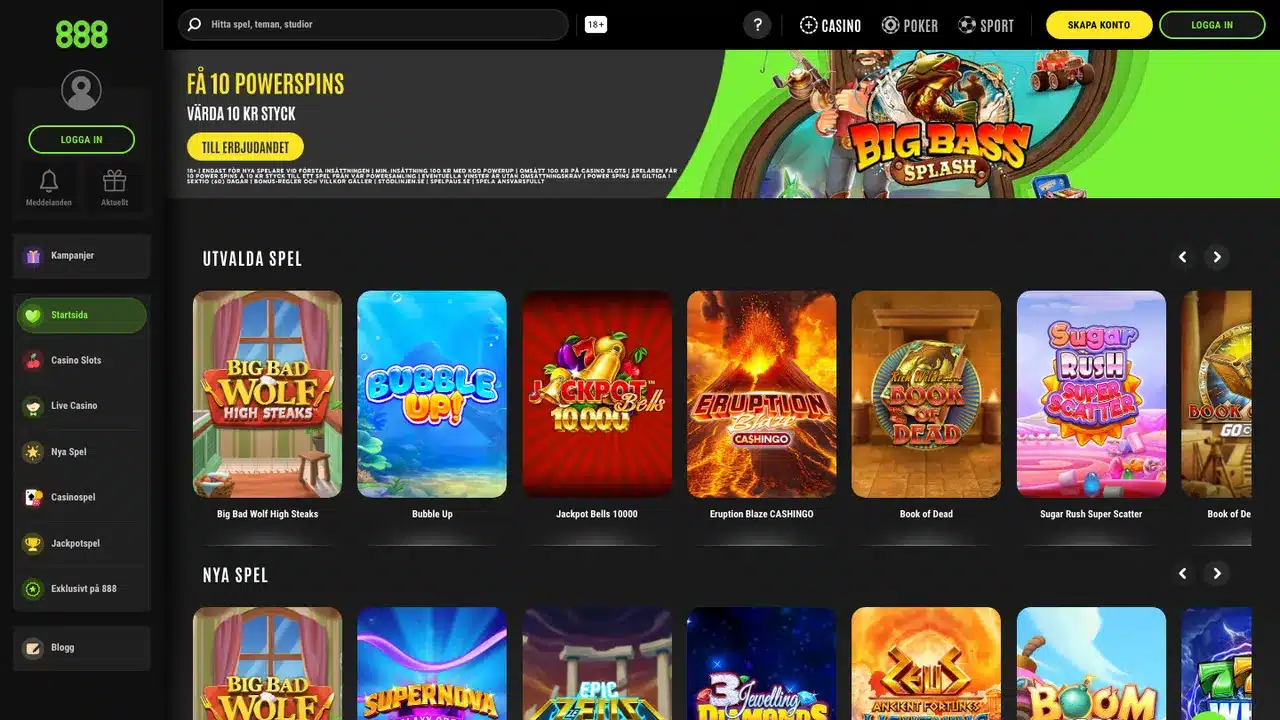 888:s svenska casinolobby med vänstermeny och Casino, Poker och Sport överst