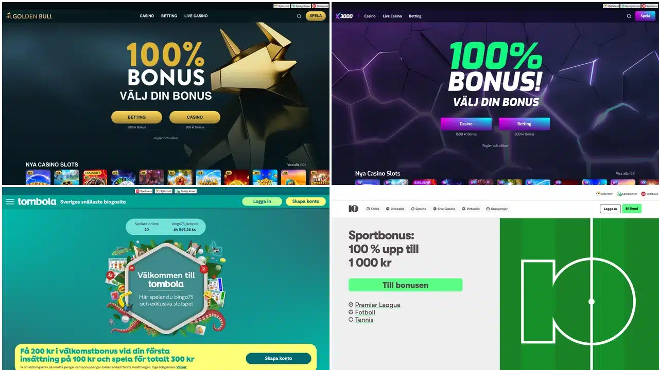 Historiska startsidor med Golden Bull överst till vänster, X3000 överst till höger, Tombola nederst till vänster och 10bet nederst till höger