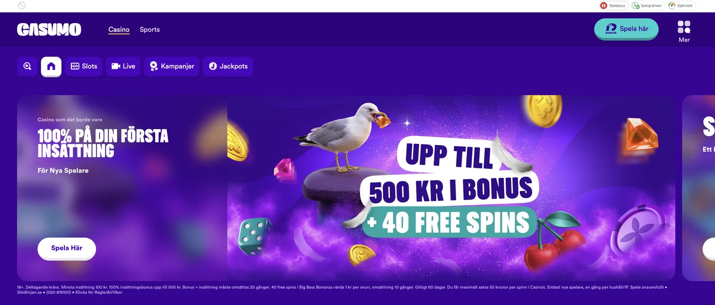 Sk&auml;rmdump av Casumos svenska casinosida