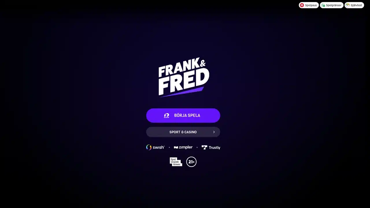 Frank & Freds svenska startsida i augusti 2026 med Sport & Casino och betalningssymboler