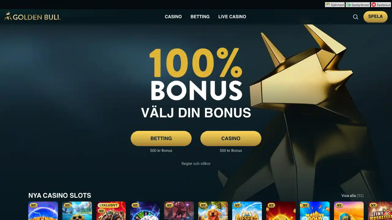 Golden Bulls svenska startsida i augusti 2026 med casino, betting och val av bonus