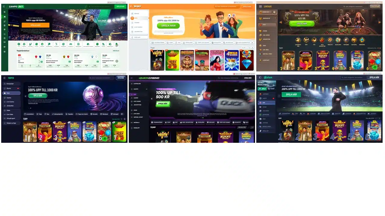 CampoBet, YoYo Casino och Lodur överst; Swiper, Quick Casino och Betinia nederst