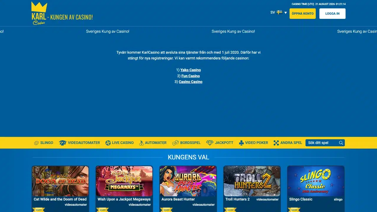 KarlCasinos historiska besked om stängd registrering