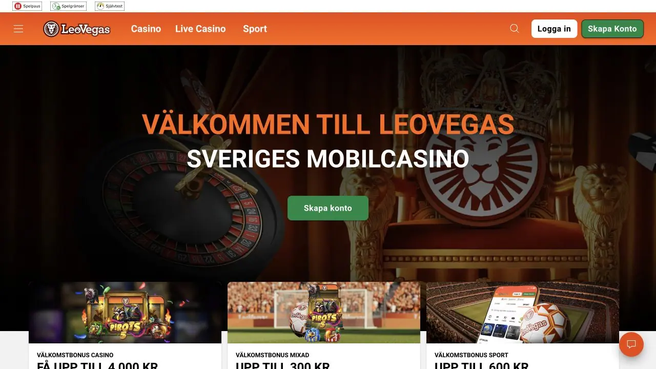 Ren skärmdump av LeoVegas svenska webbplats