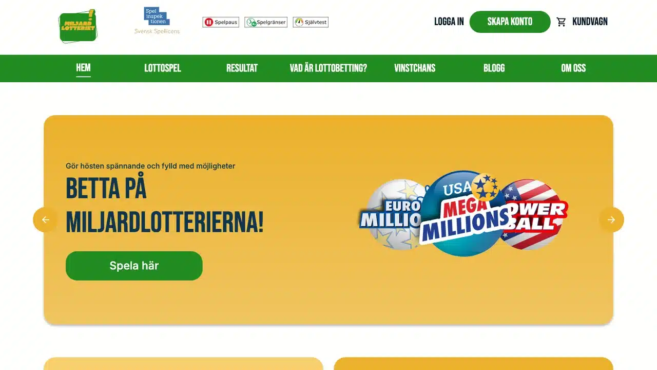 Miljardlotteriets historiska svenska startsida med lottobetting och ansvarsverktyg