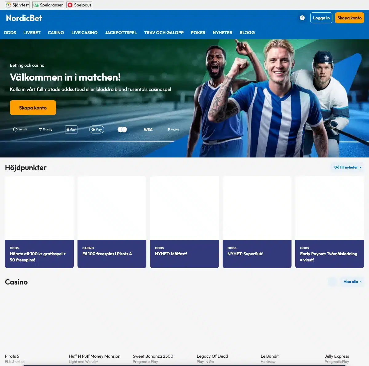 Sk&auml;rmdump av NordicBets svenska sajt
