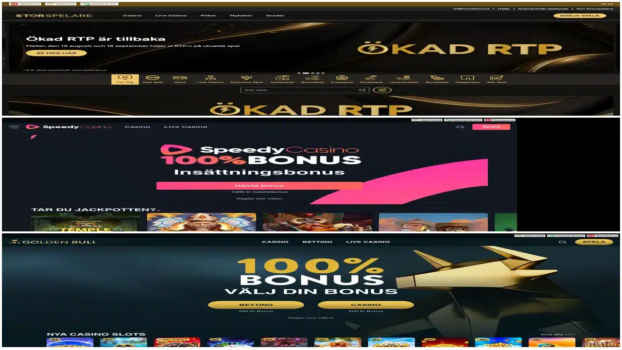 Historiska startsidor: Storspelare överst, Speedy Casino i mitten och GoldenBull nederst