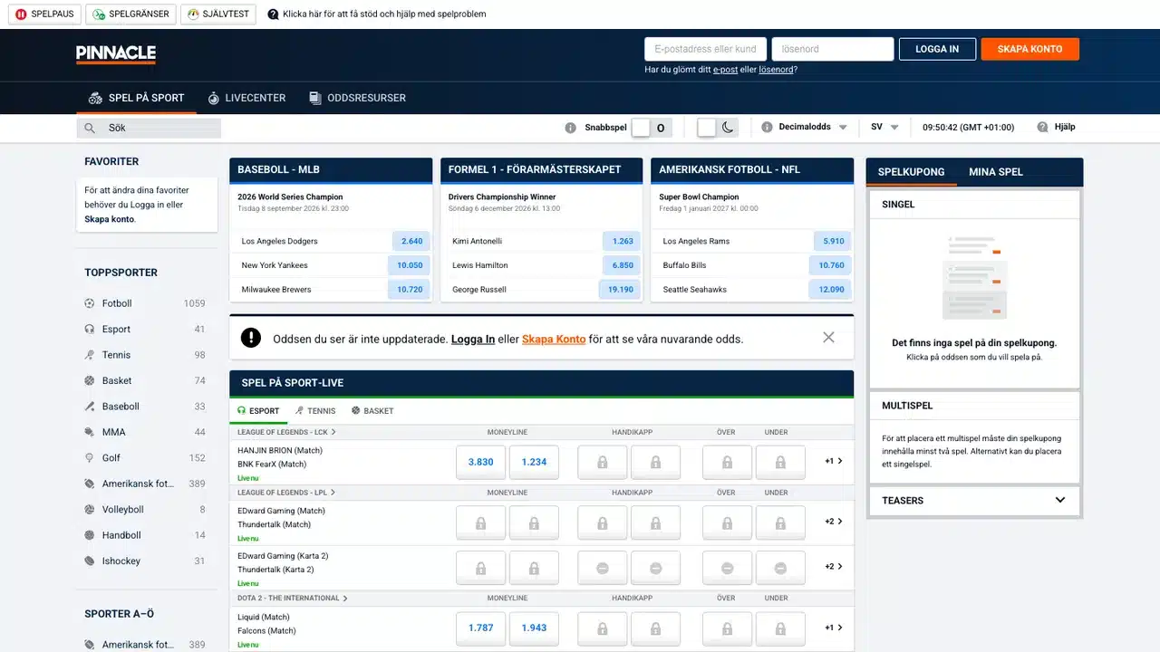 Pinnacles svenska sportlobby med sportlista, live-esport och separata spelkuponger