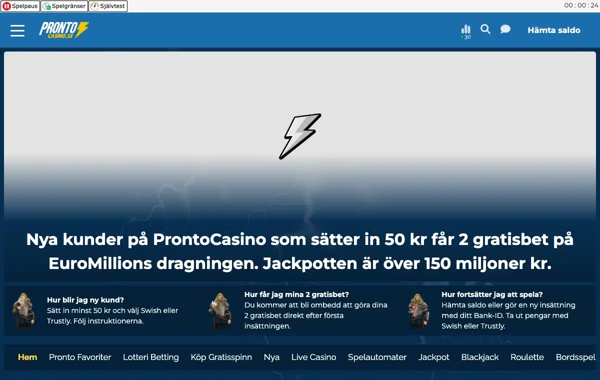 Pronto Casinos äldre svenska startsida med betalningsinformation och spelmeny