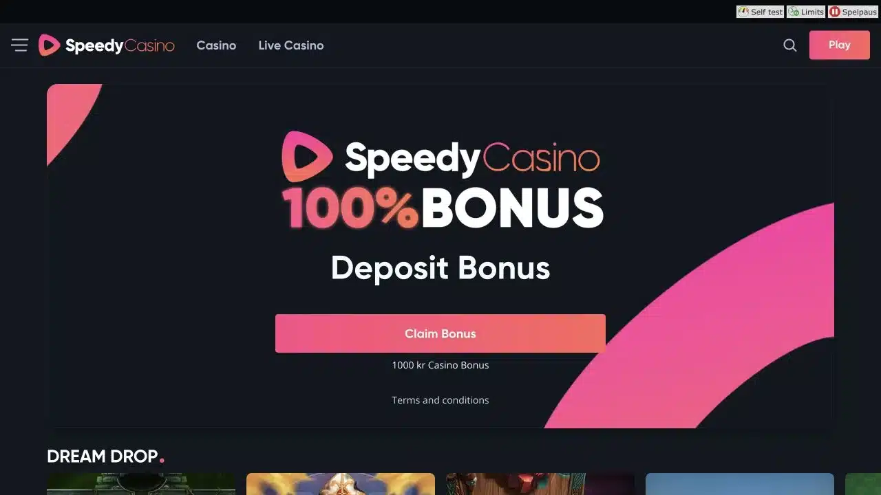 Speedy Casinos startsida med casino och livecasino i augusti 2026