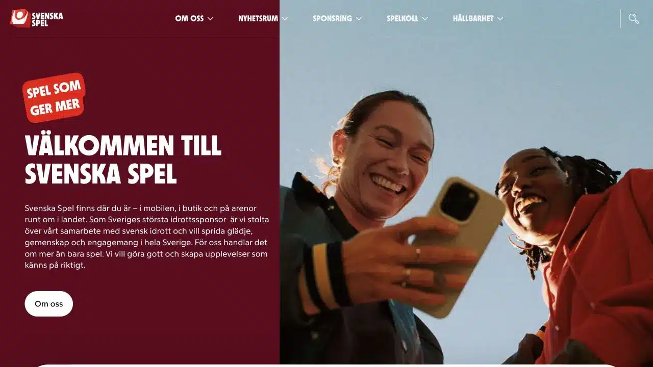 Svenska Spels företagswebbplats med röd välkomstbild och information om verksamheten