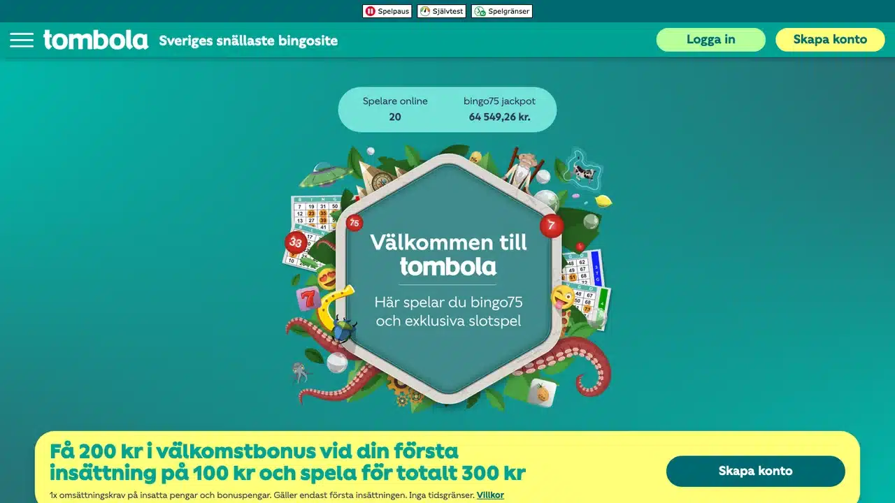 Tombola svenska startsida med välkomstbonus