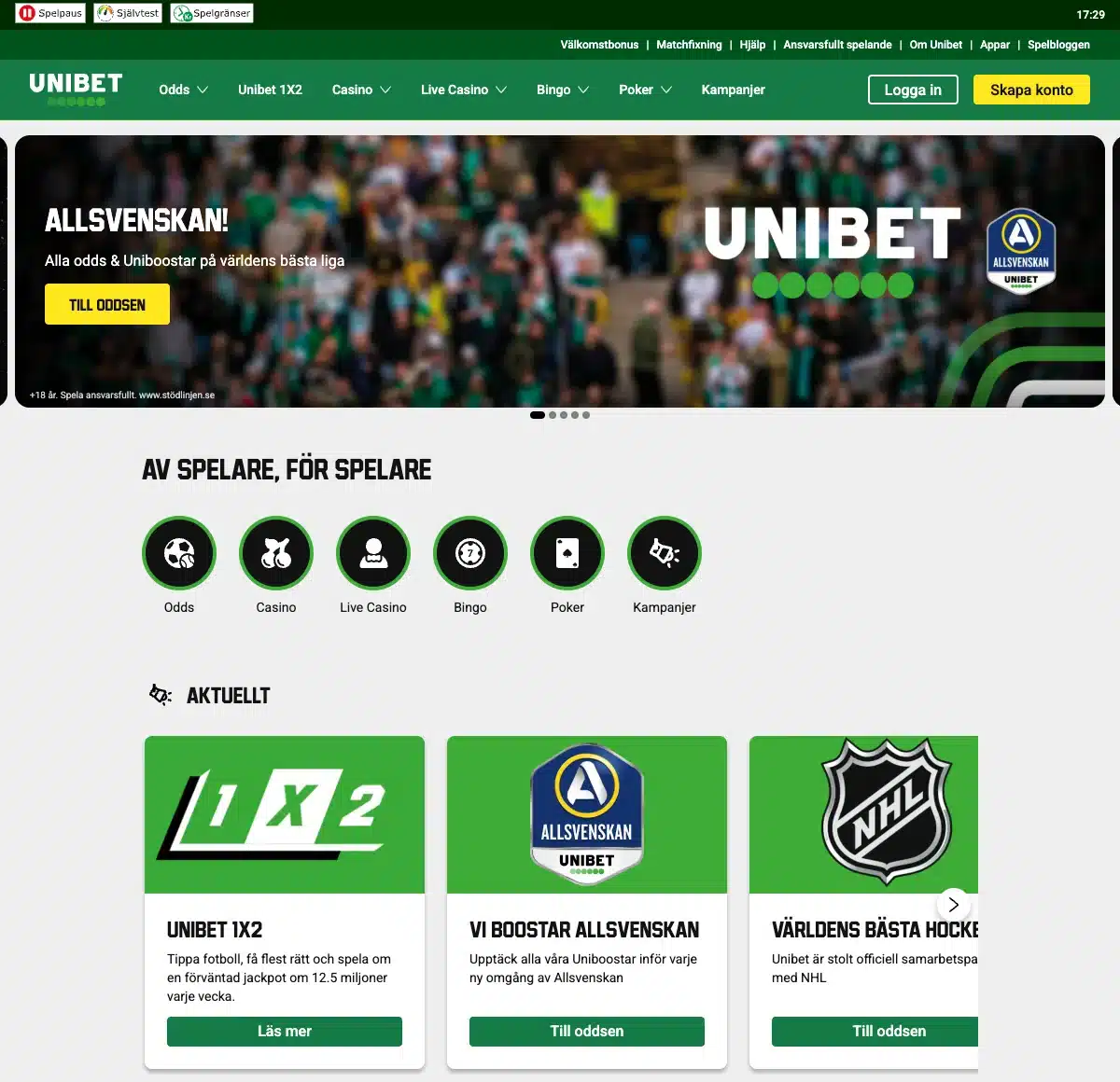 Sk&auml;rmdump av Unibets svenska sajt