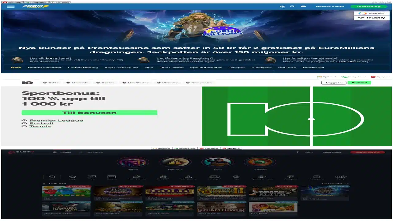 Tre historiska startsidor: Pronto Casino överst, 10bet i mitten och SlotV nederst