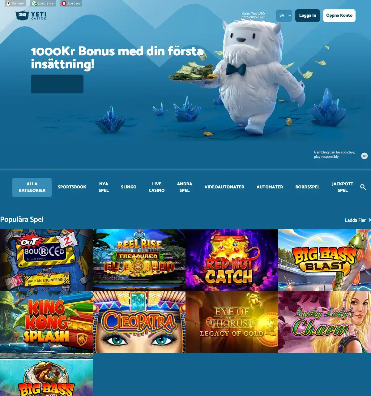 Yeti Casinos svenska startsida i augusti 2026
