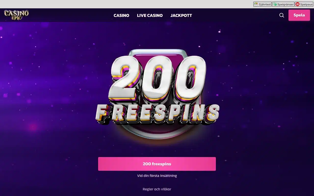 CasinoEpics svenska startsida den 6 september 2026 med lila bakgrund och tre produktmenyer