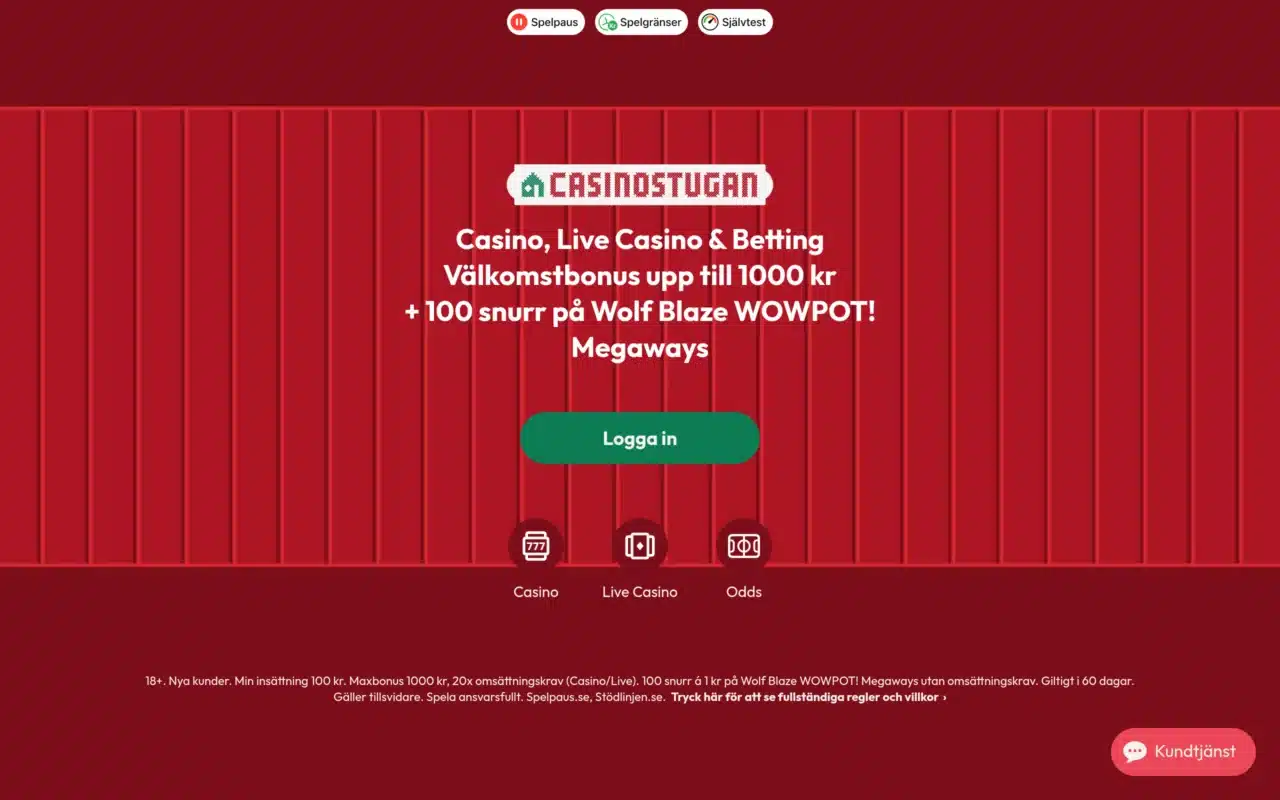 Startsidan på casinostugan.com den 6 september 2026