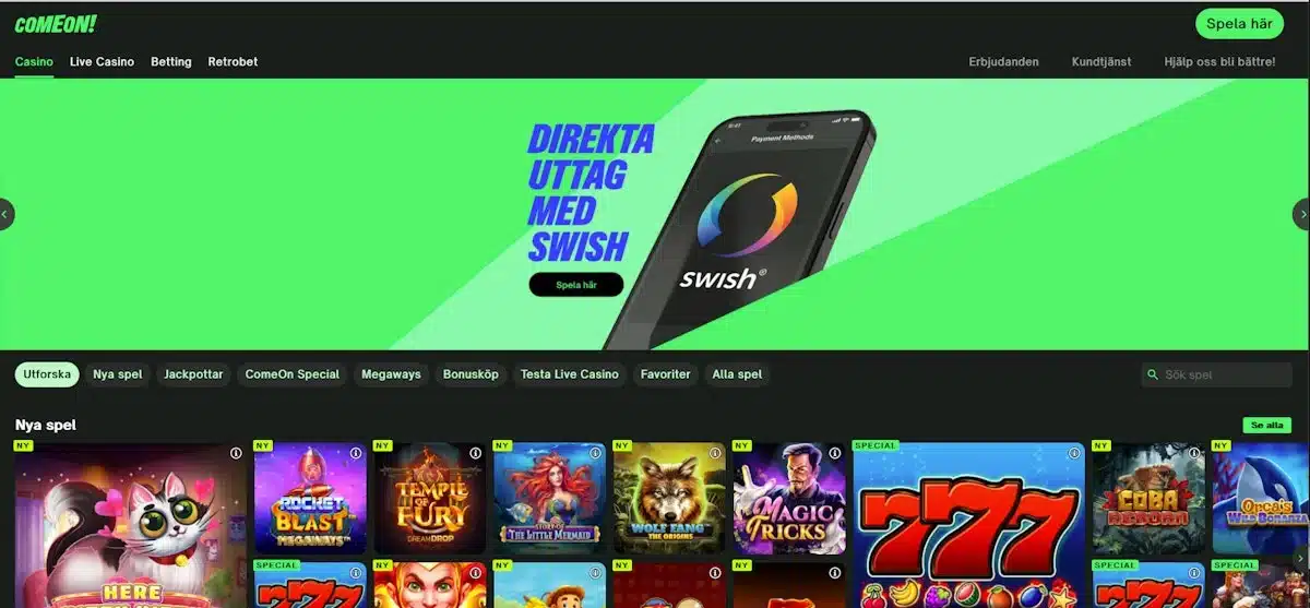 ComeOns äldre svenska startsida med casino, livecasino, betting och Swish