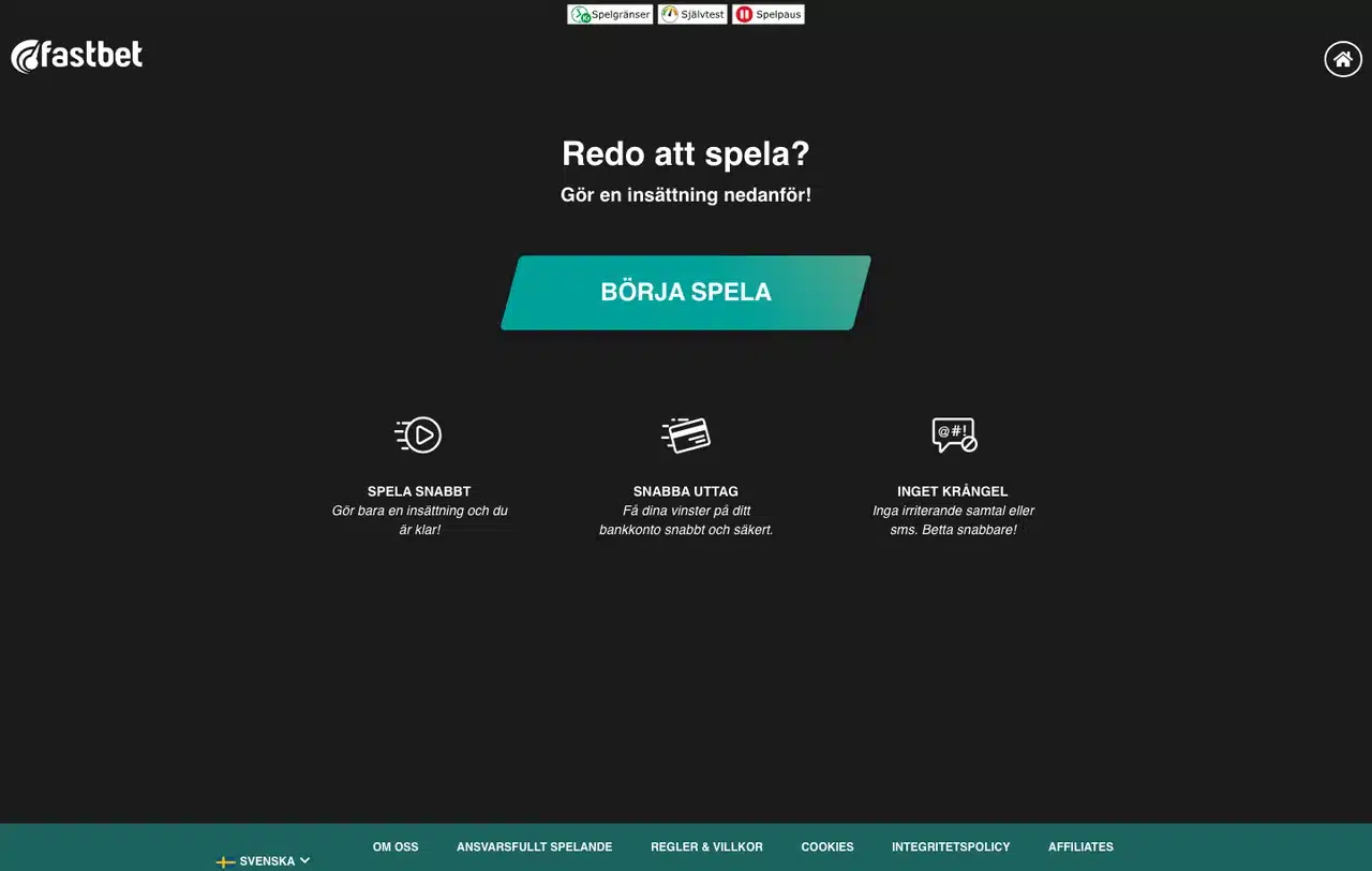 FastBets svenska startsida den 8 september 2026, med Spelgränser, Självtest och Spelpaus högst upp
