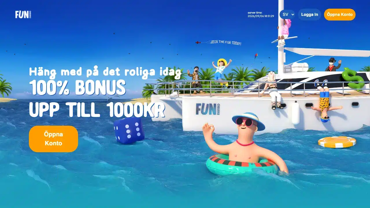 Fun Casino svenska startsida den 6 september 2026 med bonuserbjudandet i toppen