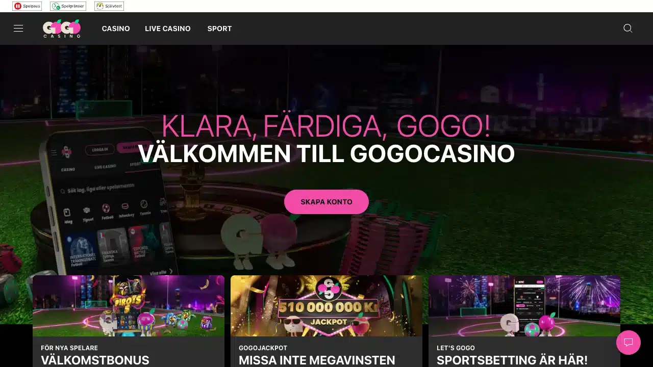 GoGos svenska startsida den 4 september 2026 med casino, livecasino och sport