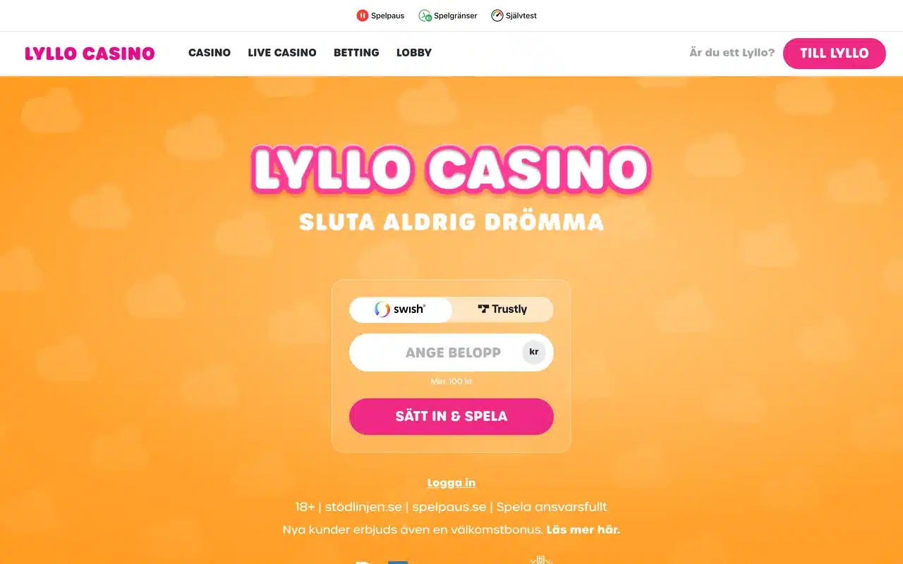 Lyllo Casinos svenska startsida den 8 september 2026 med orange huvudbild och insättningsruta