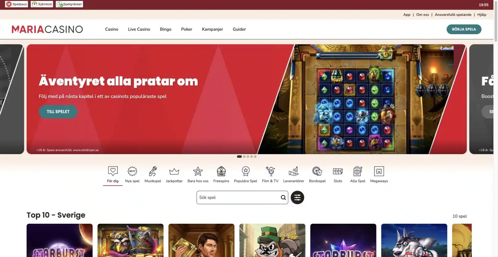 Maria Casinos svenska startsida med röd banner, spelkategorier och separat bingo- och pokermeny