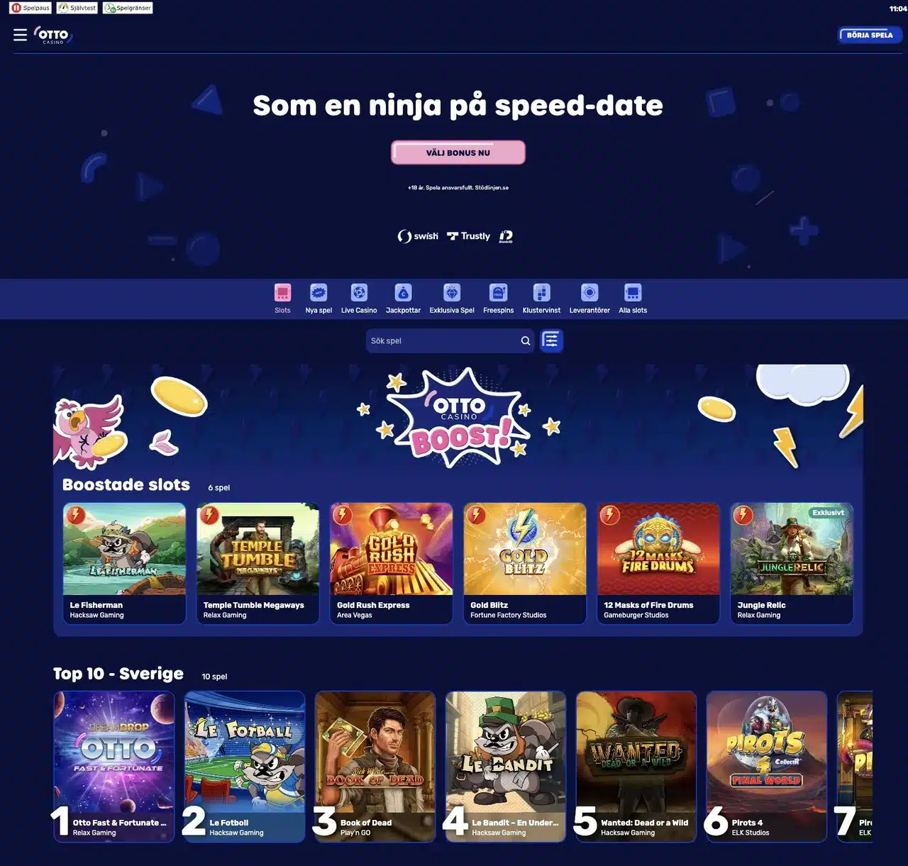 Ottos svenska startsida med betalningssymboler, nio spelkategorier, sex boostade slots och Top 10-raden