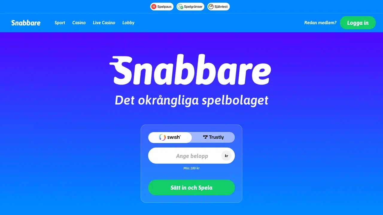 Snabbares startsida den 6 september 2026 med sport, casino och betalningsruta