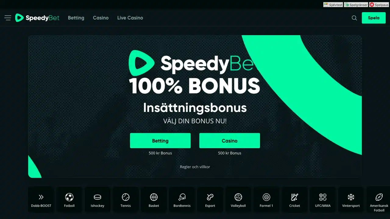 SpeedyBets svenska startsida den 6 september 2026 med sportmeny och bonusval