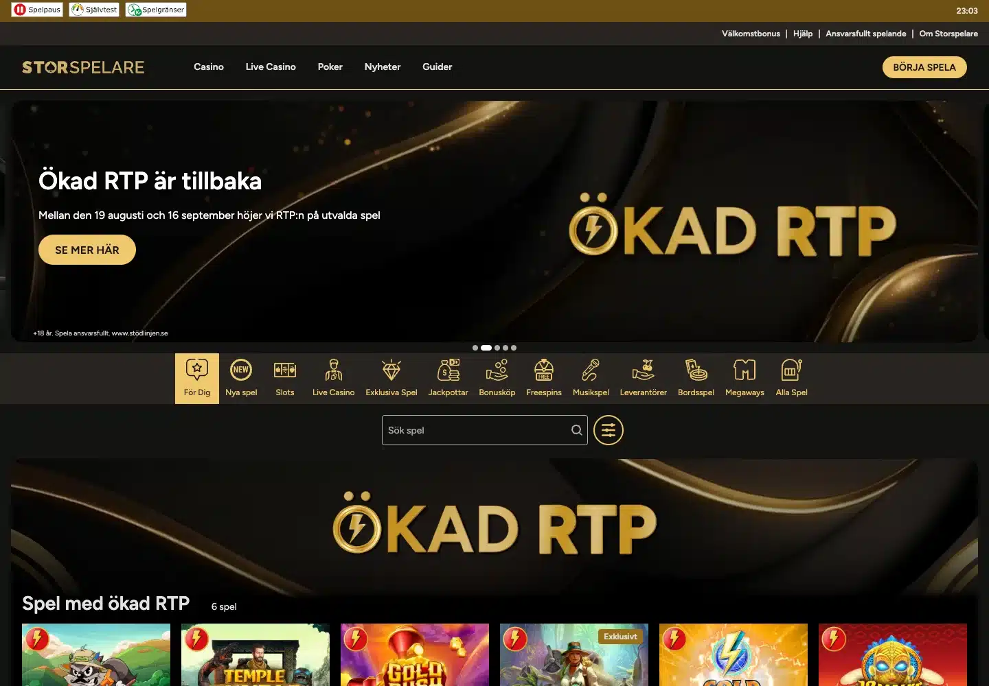 Storspelares svenska startsida med casino, livecasino, poker och den daterade RTP-kampanjen