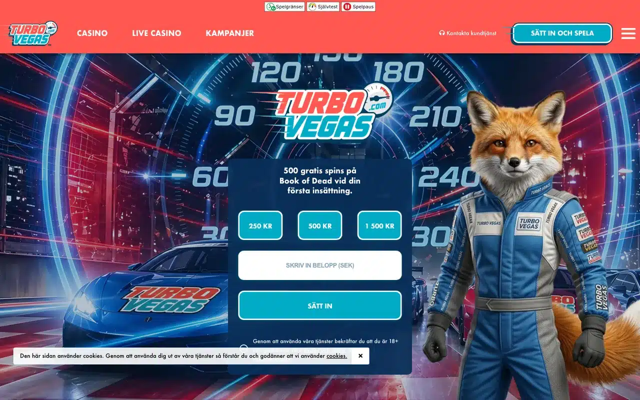 Startsidan på turbovegas.com på svenska den 7 september 2026, med Spelgränser, Självtest och Spelpaus högst upp