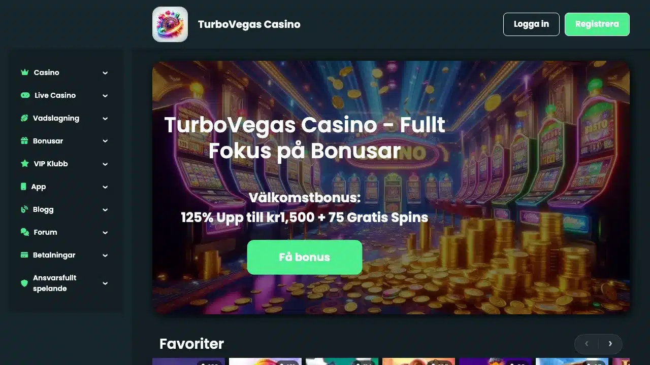 Startsidan på turbovegas.se den 7 september 2026, en sajt som inte står på den svenska licensen